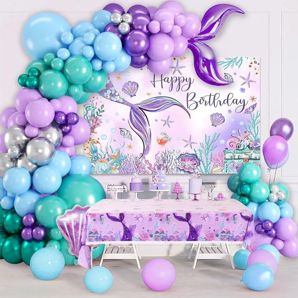 Mermaid Birthday Decoration Set - Backdrop, Balloon and Table cloth